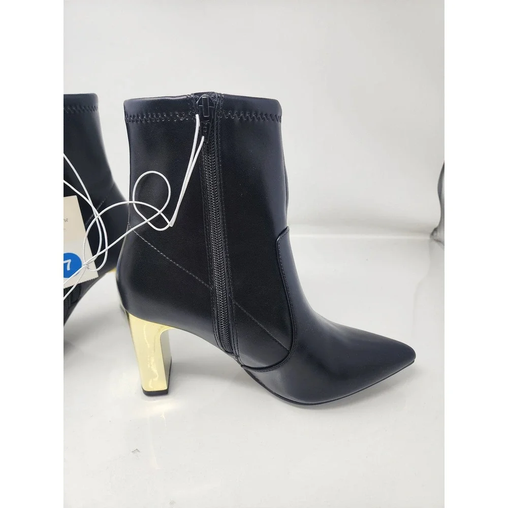 A New Day Womens Ankle Boots Black Faux Leather Gold Heel Casual Size 7